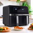Friteuza dubla cu aer cald HAUSBERG HB-2373NG, 2200-2400W, capacitate 8.4L, termostat reglabil cu afisaj LED, control digital individual, 14 programe prestabilite, temporizator 60 min, ventilator de racire, Negru