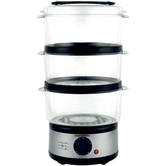 Aparat de gatit cu aburi Hausberg HB-1355, Putere 400 W, 7.2 L, 3 tavi demontabile, capacitate: 2.4 L /tava, Argintiu