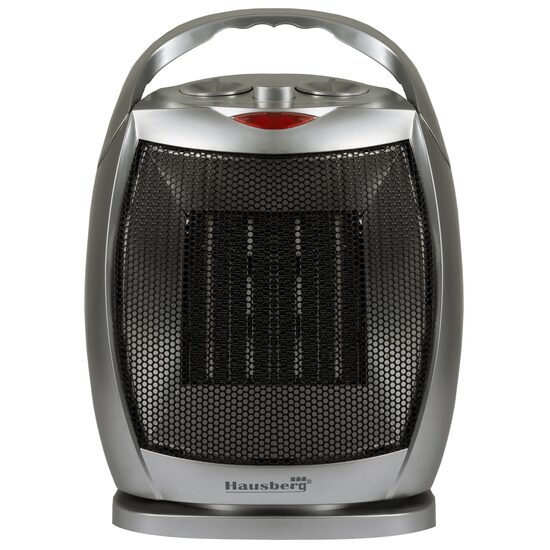 Aeroterma ceramica HAUSBERG HB-8770, 1500W, Termostat Reglabil, 2 Viteze, Functie Ventilator, Siguranta Anti Cadere, Silentios, Maner transport, Argintiu