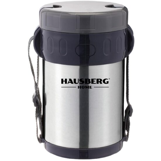 Cutie de pranz Thermos Hausberg HB H1461, 2 litri, otel inoxidabil, 3 recipiente separate, lingura, furculita, inox