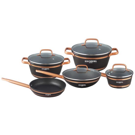 Set oale 9 piese HAUSBERG HB-H767, interior antiaderent, manere soft touch, capac sticla, finisaj cu linie aurie