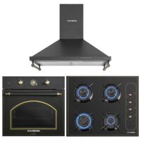 Pachet Incorporabil Rustic Cuptor Hausberg HB-8055RST, 57L, putere 2000W, Plita Incorporabila Hausberg HB-575RST, 4 arzatoare, Gaz, 60 cm, Hota decorativa Hausberg HB-1505RST, Putere absorbtie 450 m3/h, 1 motor, 60 cm otel inoxidabil, Negru Rustic