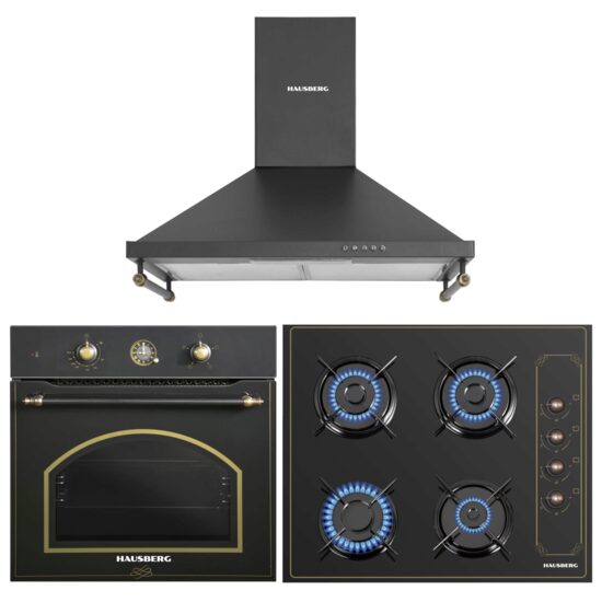 Pachet Incorporabil Rustic Cuptor Hausberg HB-8055RST, 57L, putere 2000W, Plita Incorporabila Hausberg HB-575RST, 4 arzatoare, Gaz, 60 cm, Hota decorativa Hausberg HB-1505RST, Putere absorbtie 450 m3/h, 1 motor, 60 cm otel inoxidabil, Negru Rustic