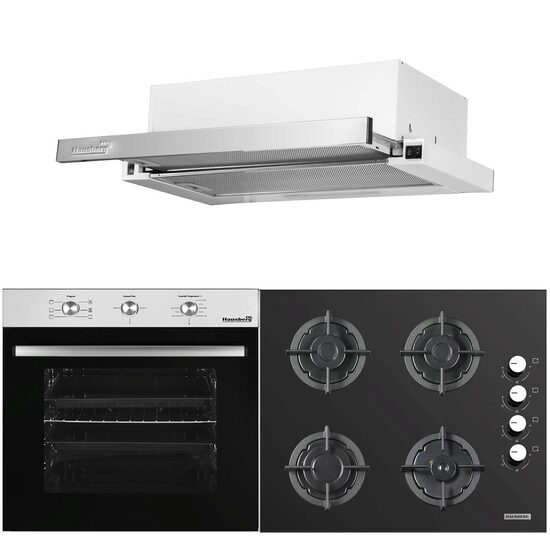 Pachet Cuptor electric Incorporabil Hausberg HB-8053IN, Clasa A, 71L, 2225W, Negru/Inox, Plita incorporabila HB-567NG, Gaz, 4 arzatoare, fonta, Sticla, Hota incorporabila telescopica HB-1285IN, Putere de absorbtie 420 m3/h, 2 motoare, 60 cm, Alb