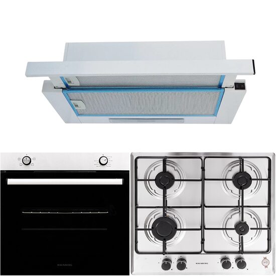 Pachet incorporabil Cuptor electric Hausberg HB-8051IN, Clasa A, 76L, 2000W, Negru/Inox Plita Incorporabila HB-555, 4 arzatoare, Gaz, Inox Hota incorporabila telescopica HB-1280, Putere de absorbtie 280 m3/h, 1 motor, 60 cm, Alb