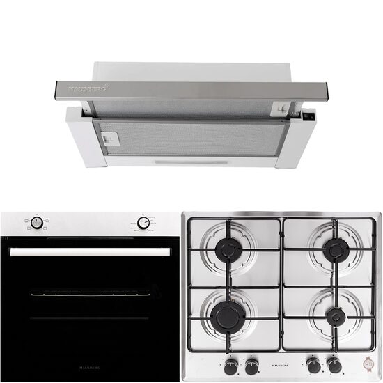 Pachet Incorporabil Cuptor electric Hausberg HB-8051IN, Clasa A, 76L, 2000W, Negru/Inox, Plita Incorporabila HB-555, 4 arzatoare, Gaz, Inox, Hota incorporabila telescopica HB-1285IN, Putere de absorbtie 420 m3/h, 2 motoare, 60 cm, Inox/Alb