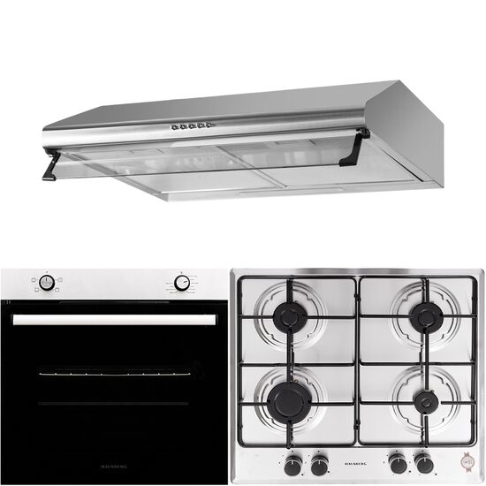 Pachet incorporabil Cuptor electric Hausberg HB-8051IN, Clasa A, 76L, 2000W, Negru/Inox, Plita Incorporabila HB-555, 4 arzatoare, Gaz, Inox, Hota incorporabila decorativa HB-1220, Putere de absorbtie 450 m3/h, 2 motoare, 60 cm, Inox
