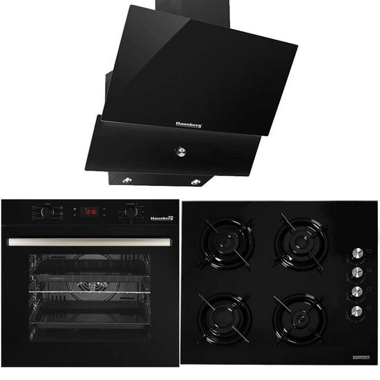 Pachet Incorporabil Cuptor electric Hausberg HB-8054, Clasa A, 71L, 2225W, Negru, Plita Incorporabila HB-563NG, 4 arzatoare, Gaz, Sticla, Negru, Hota Incorporabila decorativa HB-2285NG, 60 cm, Filtru aluminiu, Negru