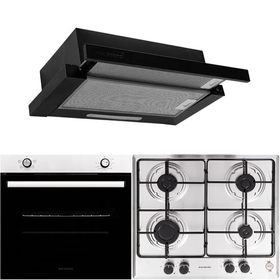 Pachet incorporabil Hausberg Cuptor electric HB-8051IN, Clasa A, 76L, 2000W, Negru/Inox Plita Incorporabila HB-555, 4 arzatoare, Gaz, Inox, Hota incorporabila telescopica HB-1285NG, Putere de absorbtie 420 m3/h, 2 motoare, 60 cm, Negru