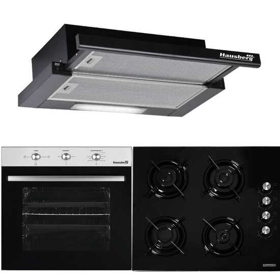 Pachet HAUSBERG Basic Style Black, Cuptor electric Incorporabil HB8052, Clasa A, 71L, 2000W, Negru/Inox, Plita Incorporabila HB563NG, 4 arzatoare, Gaz, Sticla, Negru, Hota incorporabila telescopica HB1285NG, Putere de absorbtie 420 m3/h, 2 motoare
