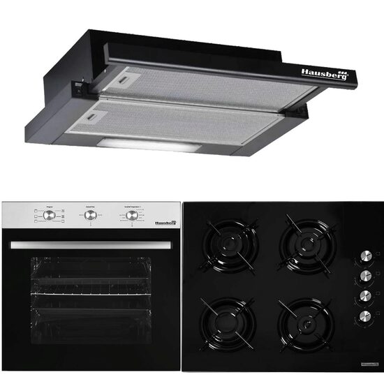 Pachet Incorporabil Cuptor electric Hausberg HB-8053IN, 71L, Negru/Inox, Plita Incorporabila HB-563NG, Gaz, Sticla, Negru, Hota incorporabila telescopica HB-1285NG, 420 m3/h, 2 motoare