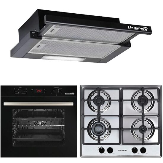 Pachet Incorporabil Cuptor electric Hausberg HB-8054, Clasa A, 71L, 2225W, Negru, Plita Incorporabila HB-555, 4 arzatoare, Gaz, Inox, Hota incorporabila telescopica HB-1285NG, Putere de absorbtie 420 m3/h, 2 motoare, 60 cm, Negru