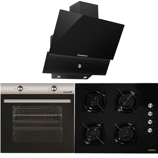 Pachet Cuptor Incorporabil Hausberg HB-8051IN, Electric, 76 l, 4 Functii, Clasa A + Plita incorporabila Hausberg HB-563, Gaz, 4 arzatoare, Negru + Hota Incorporabila decorativa Hausberg HB-2285NG, 60 cm, Filtru aluminiu, Negru