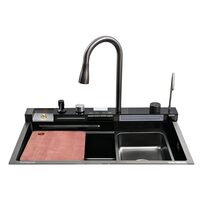 Set chiuveta multifunctionala HAUSBERG HBC-9955NG din otel inoxidabil, baterie dubla, cuva perforata fructe/legume, cuva universala cu dop scurgere, tocator, 750x460x220 mm, accesorii incluse, Negru