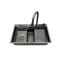 Set chiuveta multifunctionala HAUSBERG HBC-9950NG din otel inoxidabil, baterie dubla, cuva perforata fructe/legume, cuva universala cu dop scurgere, tocator, 750x460x220 mm, accesorii incluse, Negru