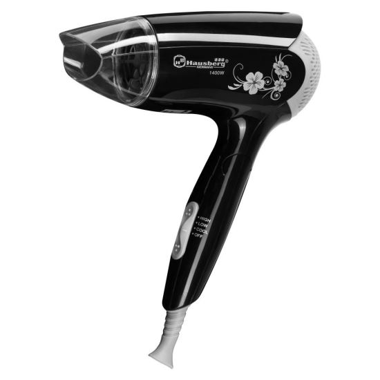 Сешоар Hausberg HB25NG с концентратор на въздушния поток, 1400W, сгъваема дръжка, Черен