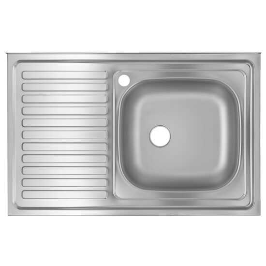 Chiuveta bucatarie Freddo SN8001D, montaj pe masca, dimensiune 80x50 cm, 13 cm adancime, cuva pe dreapta, finisaj anticalcar, inox