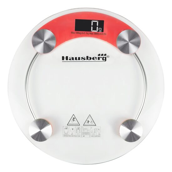 Телесен кантар HAUSBERG HB-6000RS, LCD дисплей, автоматично затваряне, индикатор за батерията, 180 кг, Прозрачно стъкло, Червен
