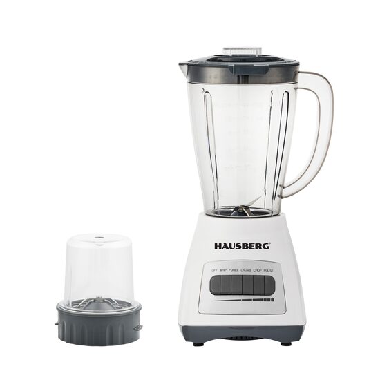 Blender cu rasnita HAUSBERG HB-7770AB, 500 W, 4 trepte de viteza, vas din plastic gradat de 1.5 litri, functie Pulse, lame din otel inoxidabil, sistem de siguranta, alb