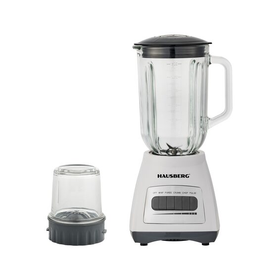 Blender cu rasnita HAUSBERG HB-7772AB, 400-500W, Capacitate 1.5L, Bol din Sticla, 4 Viteze, Lame din Inox, Alb