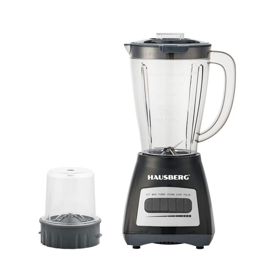 Blender cu rasnita HAUSBERG HB-7770NG, 500 W, 4 trepte de viteza, vas din plastic gradat de 1.5 litri, functie Pulse, lame din otel inoxidabil, sistem de siguranta, negru