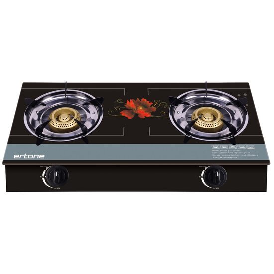 Aragaz ERTONE MN-1102 din sticla securizata, 2 Arzatoare din fonta, aprindere pe quartz, negru
