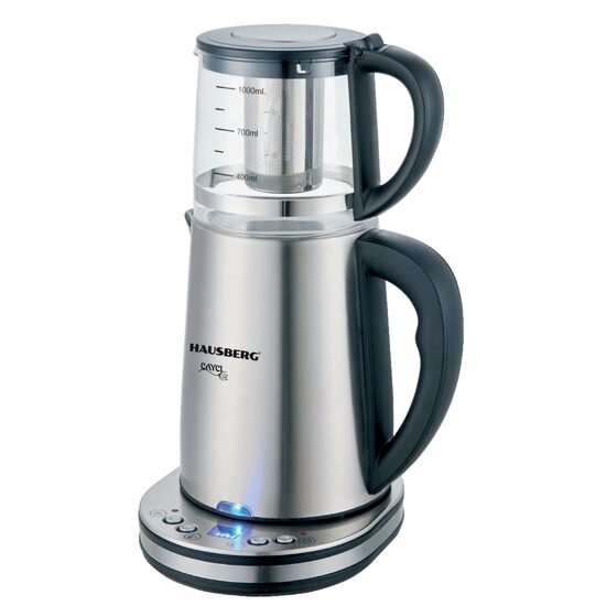 Aparat digital preparare ceai HAUSBERG HB-3640IN, 1500W, cana 1.7L, ceainic 1L, panou din otel inoxidabil cu afisaj digital, termostat, Inox