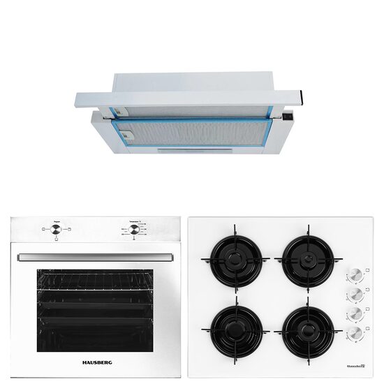 Вграден пакет Hausberg електрическа фурна HB-8051AB, 2000 W, 76 l, 4 функции, котлон HB-563, газ, 4 котлона, телескопичен аспиратор HB-1280, абсорбция 280m3/h, 1 мотор, 60 см, клас А, бял