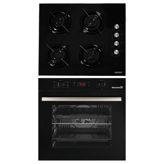 Pachet Incorporabil Cuptor electric Hausberg HB-8054NG, Clasa A, 71L, 2225W, Negru, Plita Incorporabila HB-563NG, 4 arzatoare, Gaz, Sticla, Negru