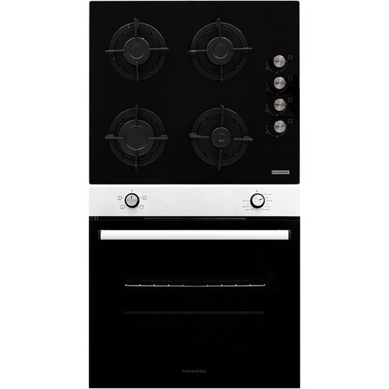 Pachet incorporabil HAUSBERG Cuptor electric HB-8051IN, 2000 W, 76 l, 4 Functii, Clasa A, Plita HB-567NG, Gaz, 4 arzatoare, Sistem de siguranta GAZ, Gratar din fonta, Material Sticla, Negru/Inox