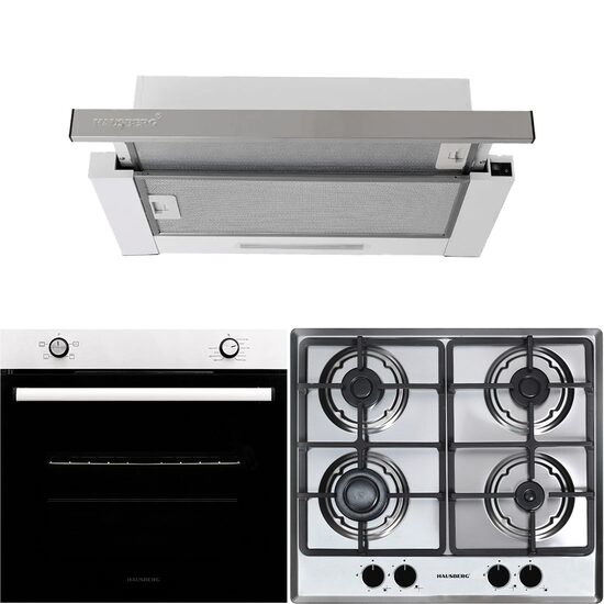 Pachet Incorporabil Cuptor electric Hausberg HB-8051IN, Clasa A, 76L, 2000W, Negru/Inox, Plita incorporabila HB-556IN, Gaz, 4 arzatoare, Gratar din fonta, Hota incorporabila telescopica HB-1285IN, Putere de absorbtie 420 m3/h, 2 motoare, 60 cm, Alb