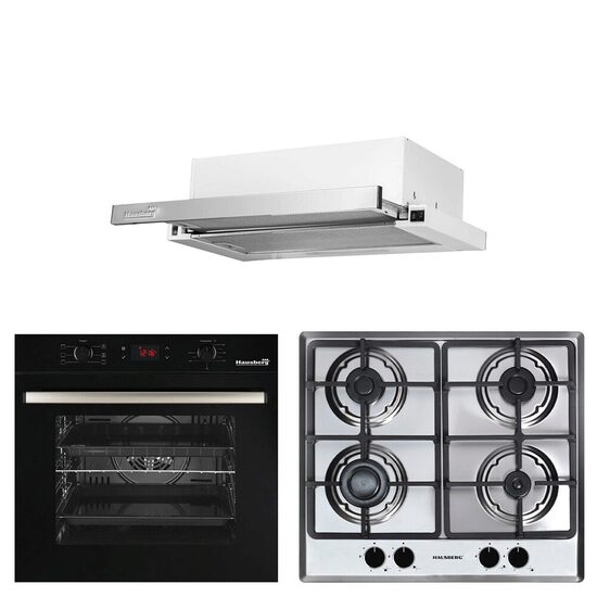 Pachet incorporabil HAUSBERG Cuptor electric HB-8054NG, Capacitate 71L, 2225W, 7 functii, convectie, plita gaz HB-555, 4 arzatoare, hota telescopic HB-1285IN, 420 m3/h absorbtie, 2 motoare, Negru-Inox
