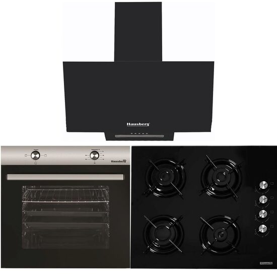 Pachet Cuptor Incorporabil Hausberg HB-8051IN, Electric, 76 l, 4 Functii, Clasa A + Plita incorporabila Hausberg HB-563, Gaz, 4 arzatoare, Negru + Hota Incorporabila decorativa Hausberg HB-1510NG, 60 cm, Filtru aluminiu, 450m3/h, Negru
