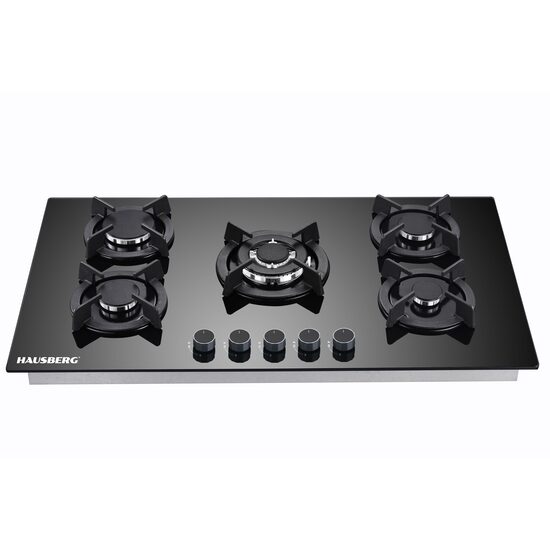 Plita incorporabila HAUSBERG HB-569NG, 4 arzatoare standard + 1 arzator WOK, gaz, suport din fonta, aprindere electrica, Negru