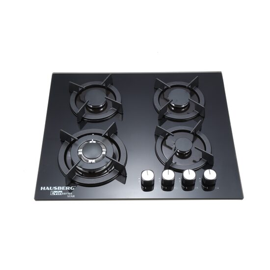 Plita incorporabila Hausberg HB-560NG, 3 arzatoare standard + 1 arzator WOK, aprindere electrica, suport din fonta, capac arzator fier, gaz, Negru