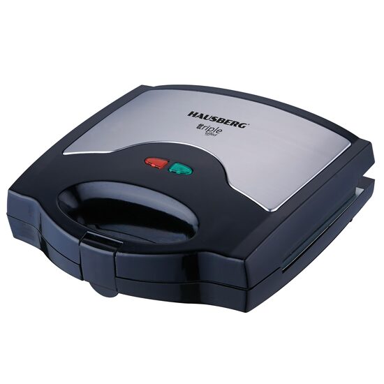 Sandwich maker 3 in 1 HAUSBERG HB-3514IN, 700-800 W, 3 placi detasabile anti-aderente, Termostat, Negru/Inox