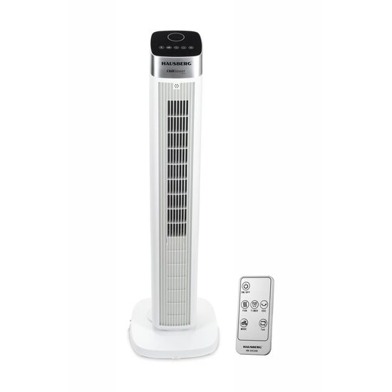 Дигитален вентилатор тип кула с дистанционно управление HAUSBERG HB-5963AB, 55W, 3 скорости, 41 инча, таймер, LED, осцилация, дръжка за носене, дифузер за аромат, бял