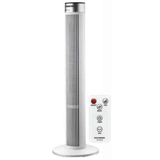 Вентилатор тип кула с дистанционно управление HAUSBERG HB-5952AB, 55W, 3 скорости, 38 инча, LED, таймер, осцилация, дръжка за носене, бял