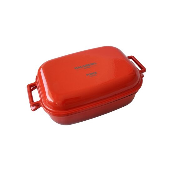 Oala din fonta emailata cu capac dublu scop HAUSBERG HB-H758, capacitate 4L, diametru 25x33 cm, adancime 10 cm, interior antiaderent, Rosu