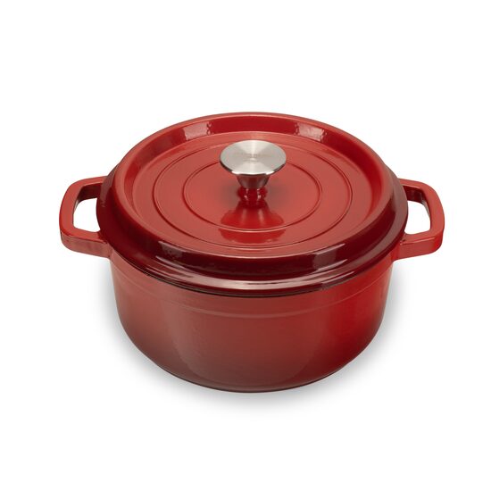 Oala din fonta emailata cu capac HAUSBERG HB-H744, capacitate 4L, diametru 24 cm, adancime 11 cm, interior antiaderent, Rosu