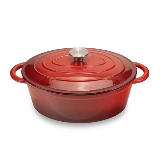 Oala din fonta emailata cu capac HAUSBERG HB-H750, capacitate 4.5L, diametru 30x23 cm, adancime 12 cm, interior antiaderent, Rosu