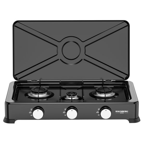 Преносима газова печка Minigas triple Hausberg HB-H403NG, 2×2.2kW + 1kW, алуминиеви горелки, CE клапани, метален корпус